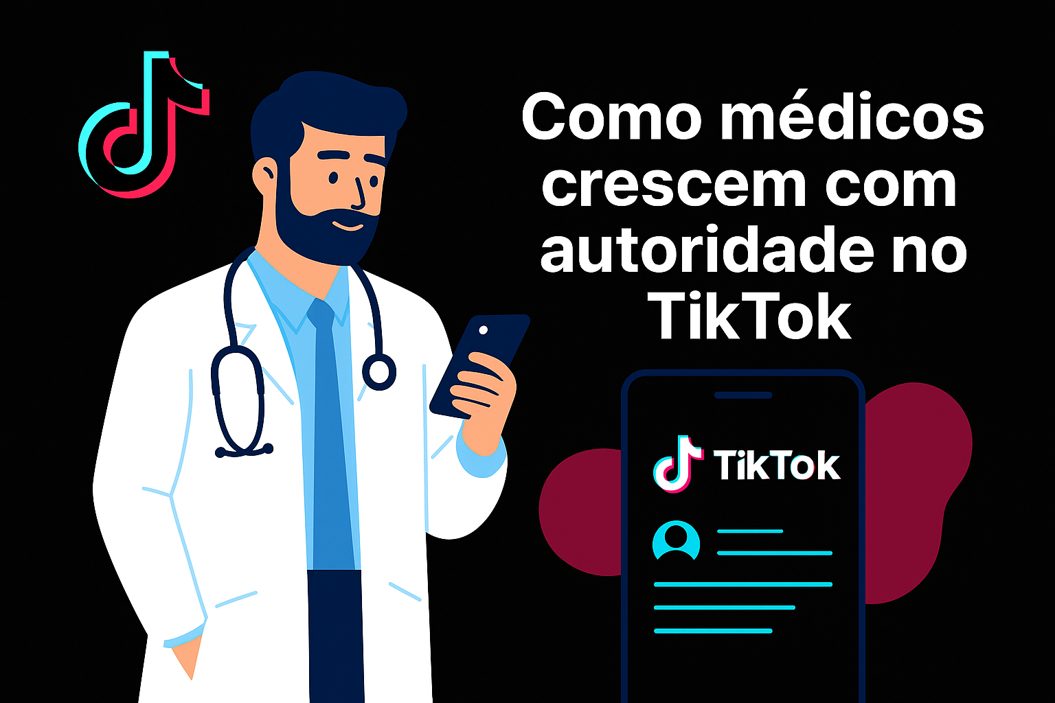 Ilustração de médico no celular com o título 'Como médicos crescem com autoridade no TikTok'