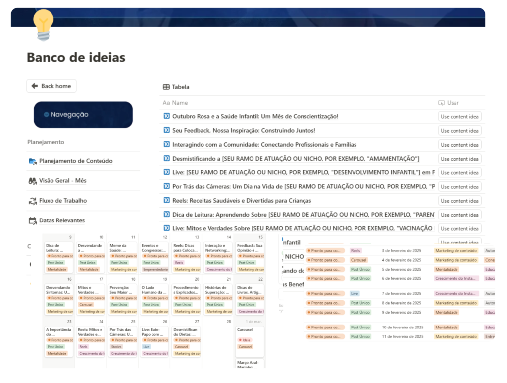 Tela do Notion 'Banco de ideias' com lista de sugestões de conteúdo e calendário de agendamento