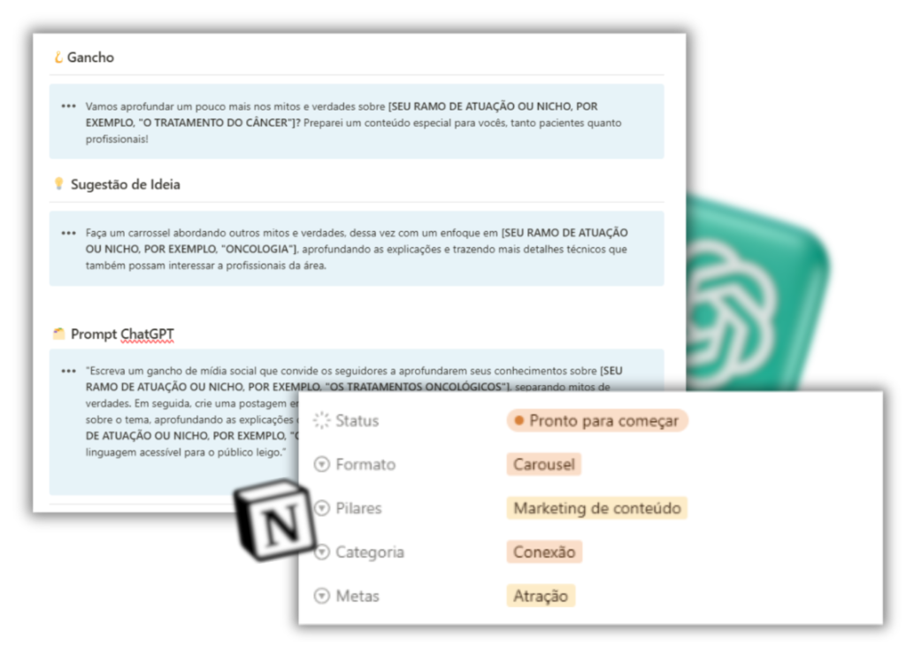 Tela de planejamento de conteúdo com gancho, sugestão de ideia e prompt de ChatGPT, com o logo do Notion sobreposto