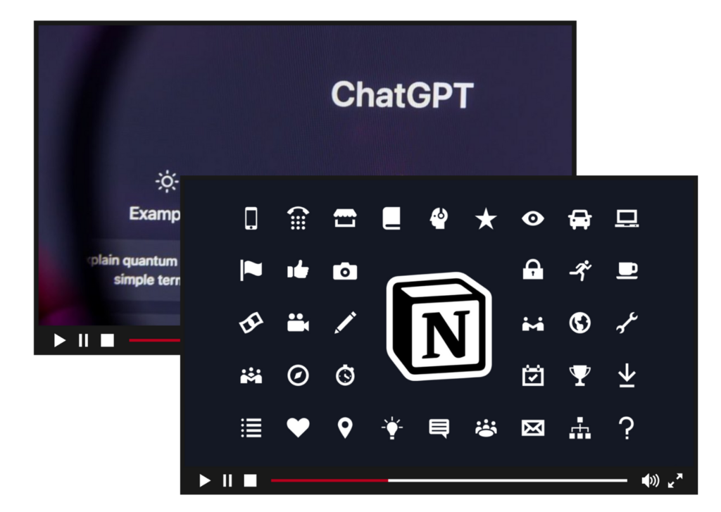 Telas de vídeo mostrando a interface do ChatGPT e uma grade de ícones do Notion, versão ampliada