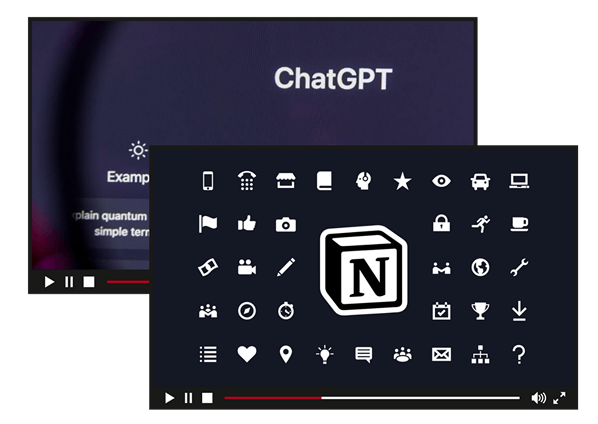 Telas de vídeo mostrando a interface do ChatGPT e uma grade de ícones do Notion