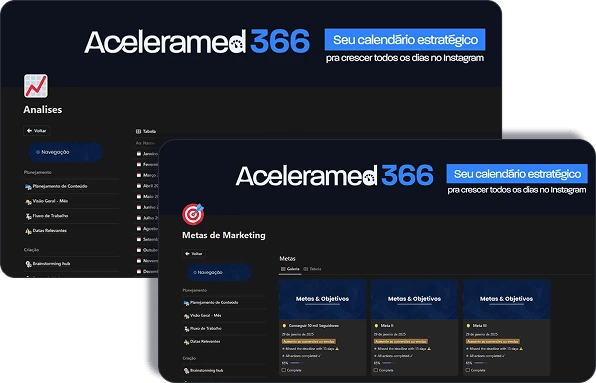 Telas da plataforma Aceleramed 366 mostrando análises e metas de marketing, com a chamada 'seu calendário estratégico'