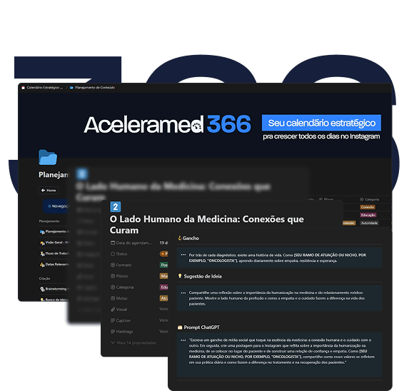 Telas da plataforma Aceleramed 366 mostrando planejamento de conteúdo sobre humanização na medicina, com a chamada 'seu calendário estratégico'