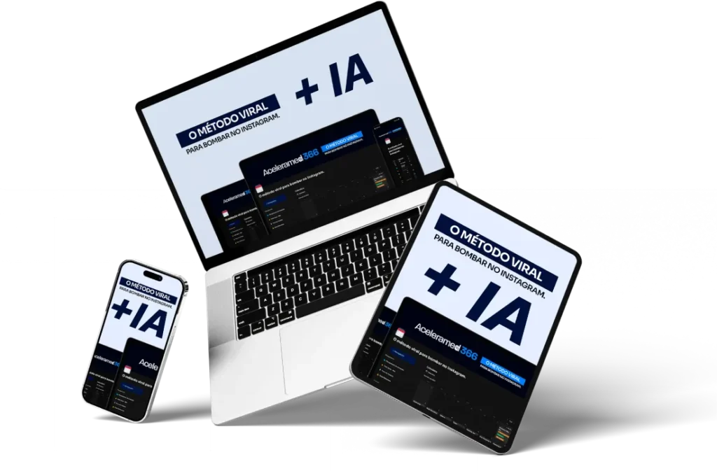 Notebook, tablet e celular exibindo a plataforma 'O Método Viral + IA' com o calendário Aceleramed 366