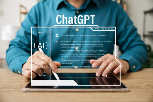 Homem usa caneta digital em tablet transparente exibindo a interface do ChatGPT sobreposta