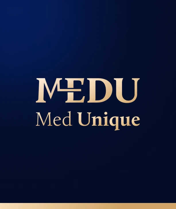 Logo MEDU - Med Unique em dourado, fundo azul-marinho