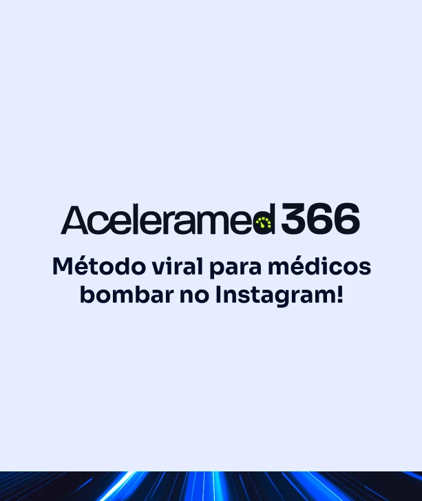 Logo 'Aceleramed 366, Método viral para médicos bombar no Instagram' em fundo lilás claro com efeito de luz