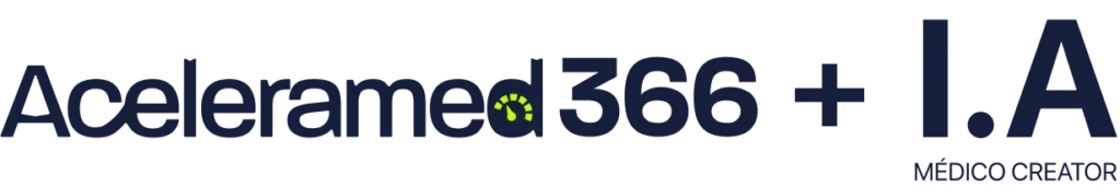 Logo 'Aceleramed 366 + I.A Médico Creator' em azul-marinho com detalhe verde-limão