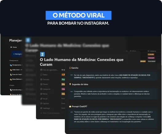 Telas do produto 'O Método Viral' mostrando planejamento de conteúdo sobre humanização na medicina, com sugestão de gancho e prompt de ChatGPT