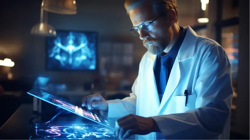 Médico de jaleco branco interage com tela holográfica exibindo exame médico, com radiografia em monitor ao fundo