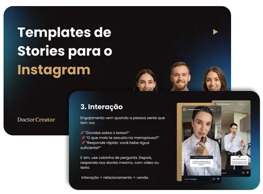 Capa 'Templates de Stories para o Instagram' da Doctor Creator, com print de story sobre interação e três fotos de criadores