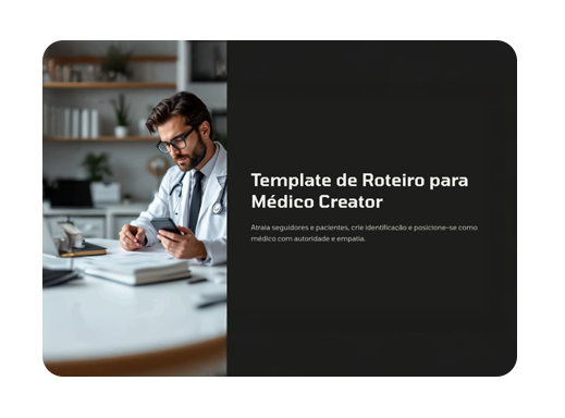 Cartão 'Template de Roteiro para Médico Creator' com foto de médico mexendo no celular à mesa