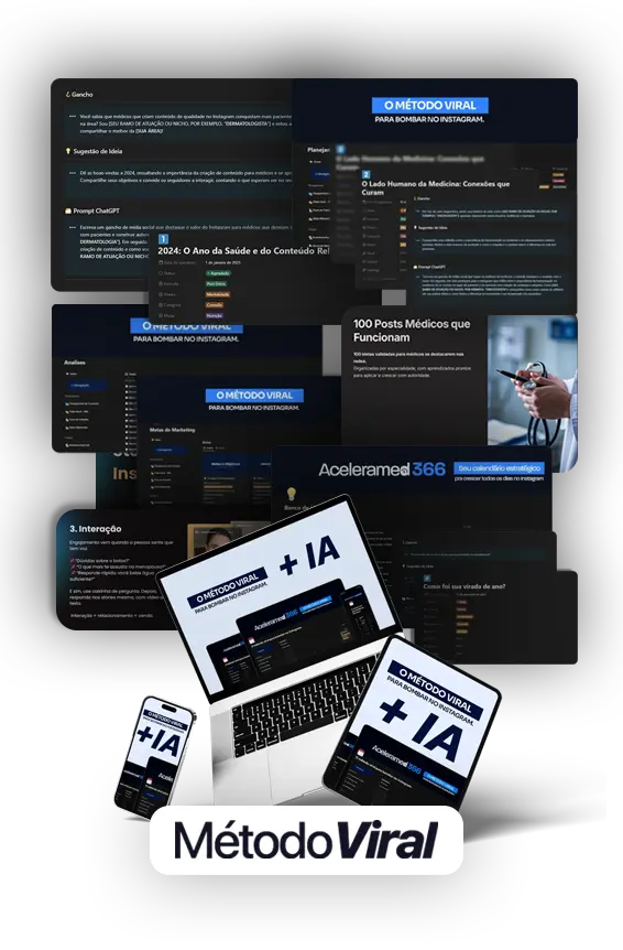 Colagem de telas do produto 'Método Viral + IA' com o calendário Aceleramed 366, exibidas em notebook, tablet e celular