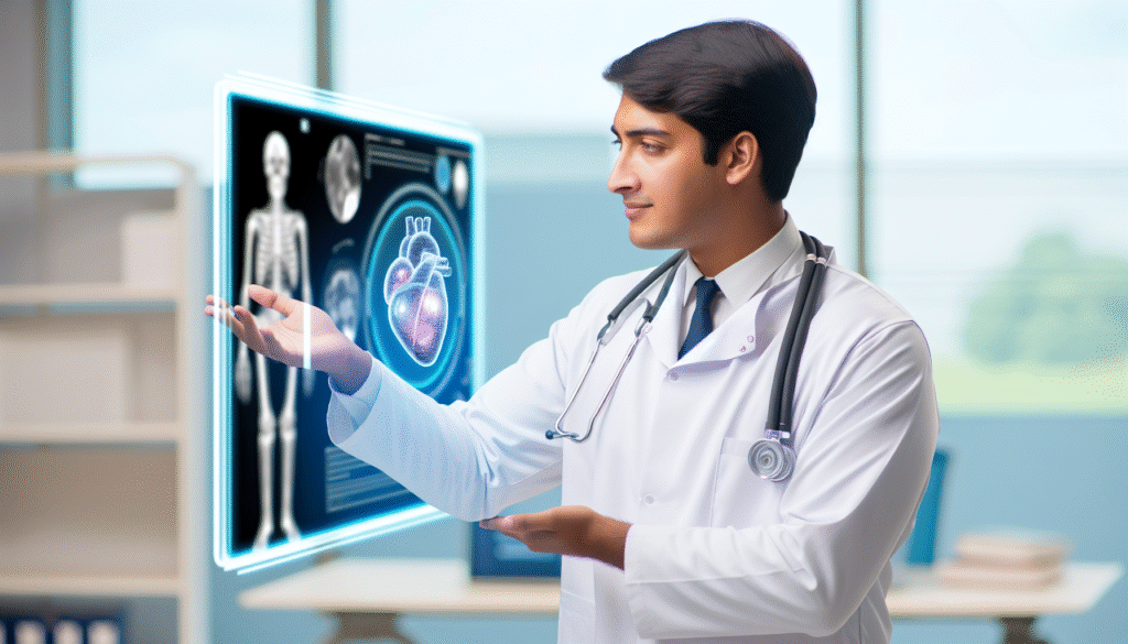 Médico interage com holograma exibindo esqueleto humano e coração digital
