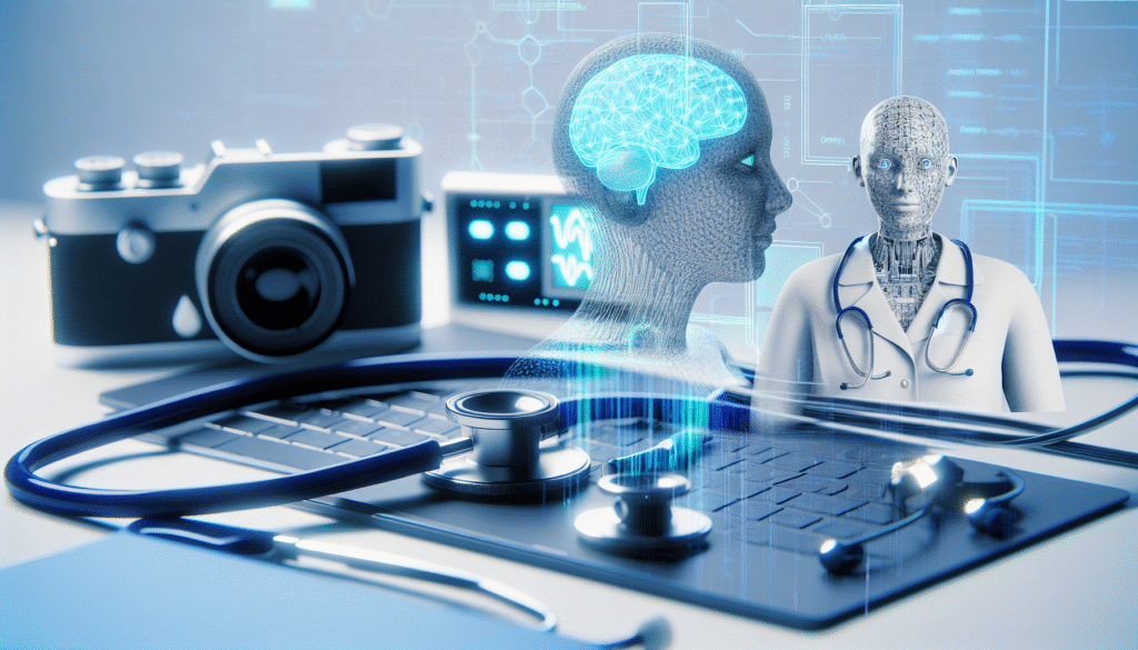 Montagem de estetoscópio, câmera fotográfica antiga e figuras digitais representando cérebro e médico robótico