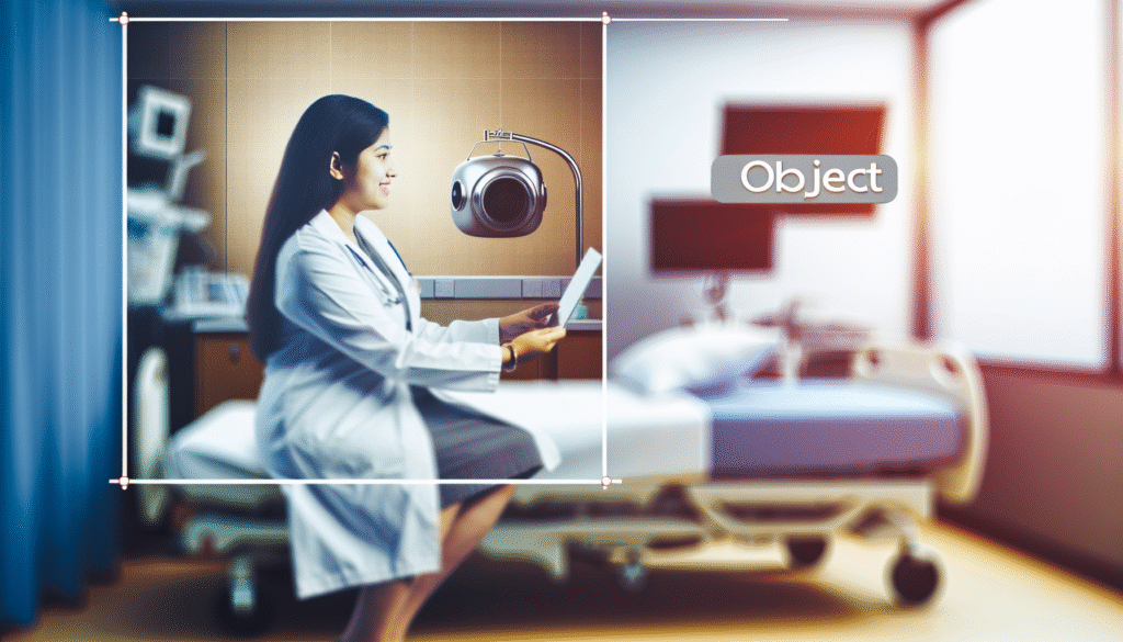 Montagem de médica com tablet ao lado de robô assistencial em quarto de hospital, com a palavra 'Object' em destaque