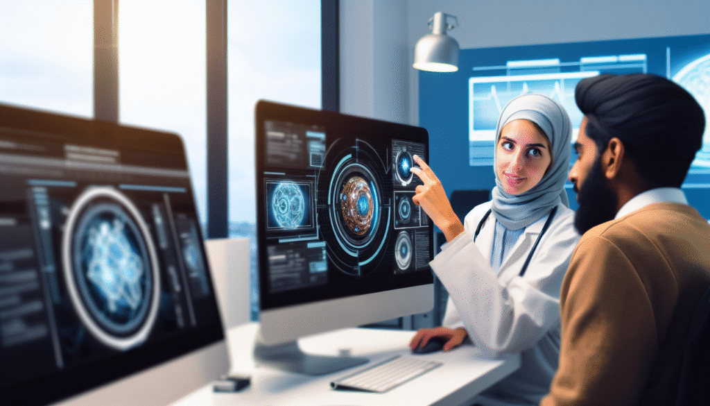 Médica de hijab mostra imagens médicas analisadas por IA em monitor a um paciente