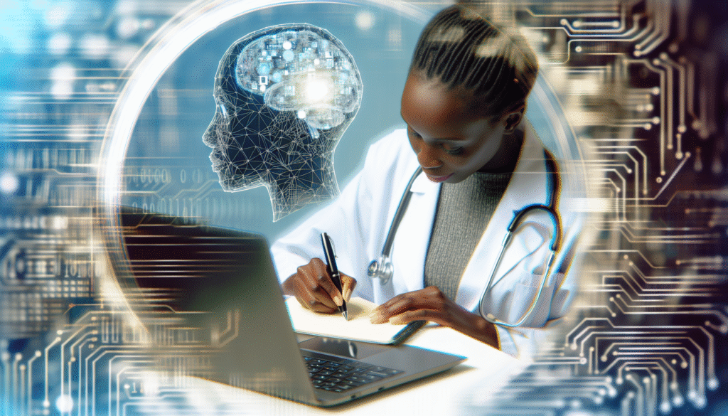 Montagem de médica escrevendo em prancheta com ilustração de cérebro digital conectado por circuitos ao fundo