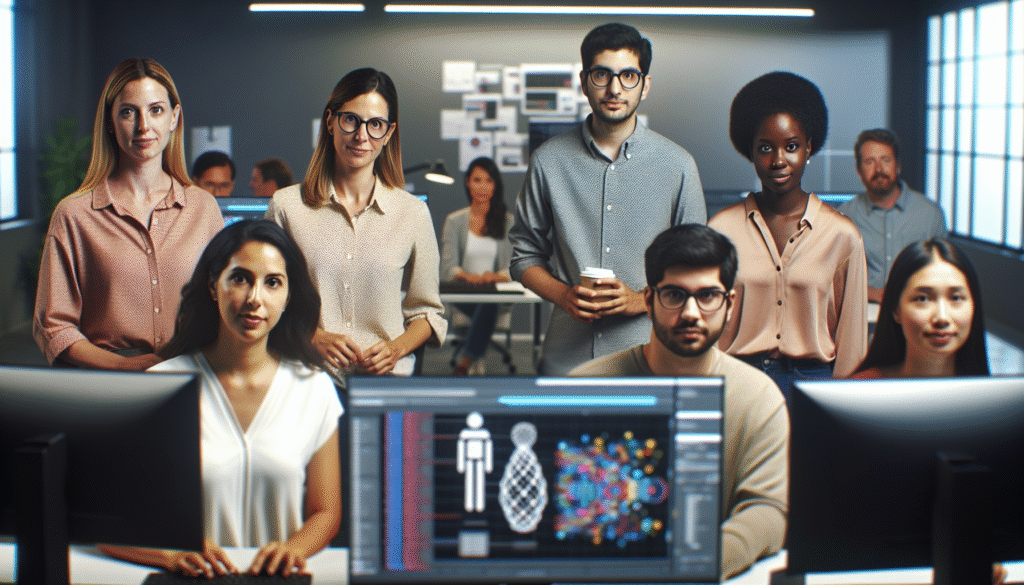 Ilustração de equipe diversa de profissionais em escritório analisando dados genéticos e de IA em monitores