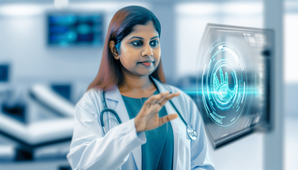Médica interage com painel holográfico de biometria por leitura de mão em ambiente hospitalar futurista