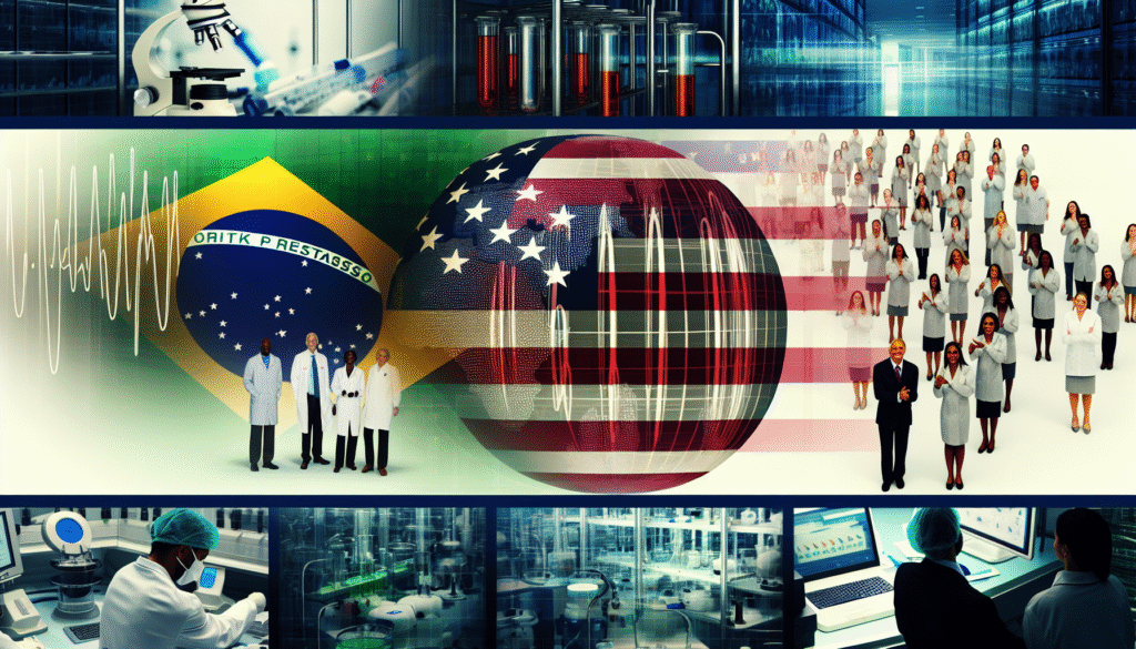 Colagem representando cooperação científica entre Brasil e Estados Unidos, com médicos, laboratórios e as bandeiras dos dois países