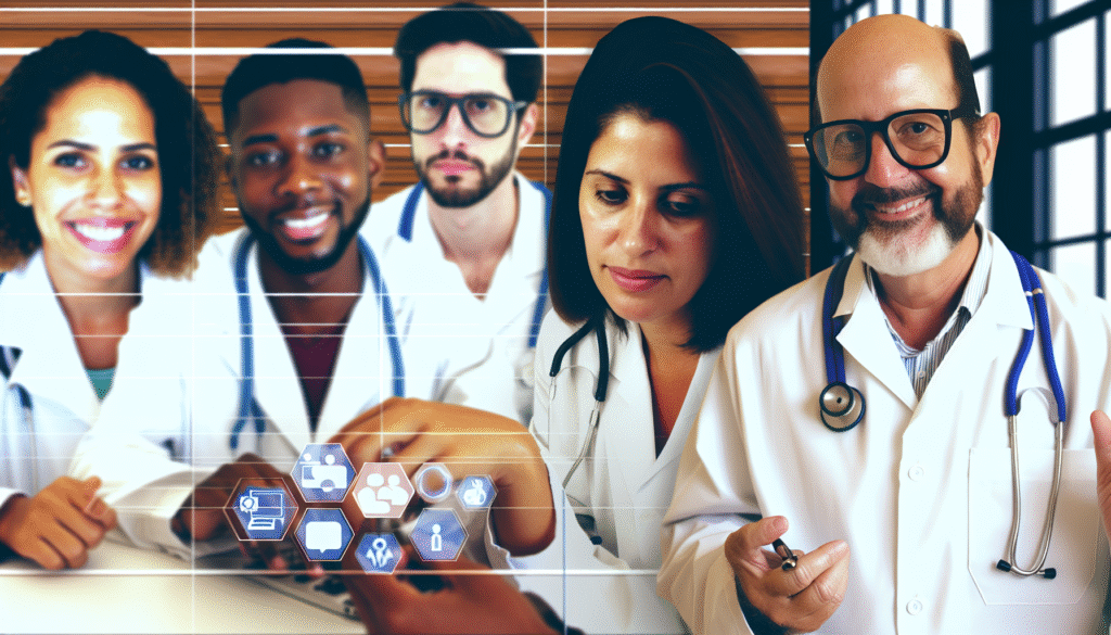 Montagem de cinco médicos de jaleco branco com ícones de comunicação digital sobrepostos
