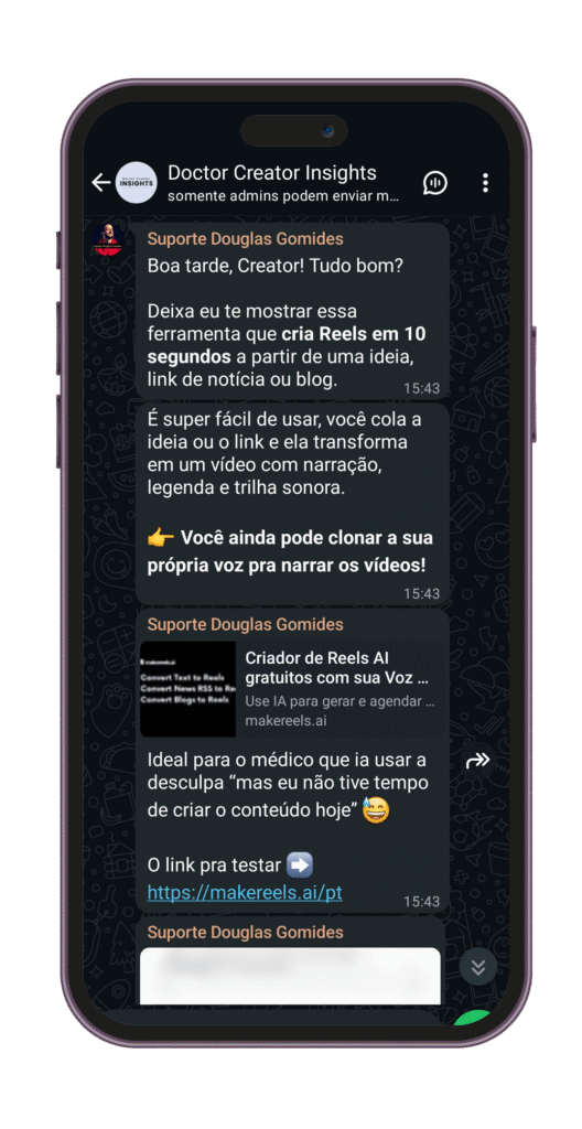 Captura de tela do canal Doctor Creator Insights com dica sobre ferramenta que cria Reels em 10 segundos com narração por IA