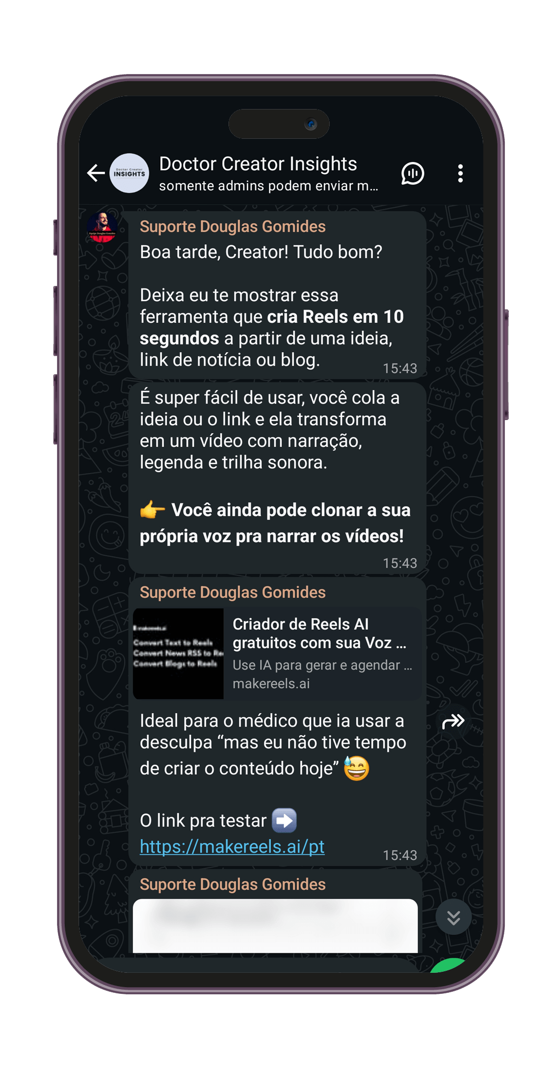 Captura de tela do canal Doctor Creator Insights com dica sobre ferramenta que cria Reels em 10 segundos com narração por IA