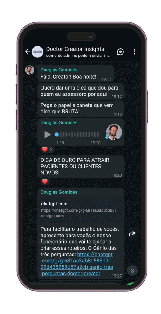 Captura de tela do canal Doctor Creator Insights com Douglas Gomides enviando um áudio e dica sobre ferramenta de IA para atrair pacientes