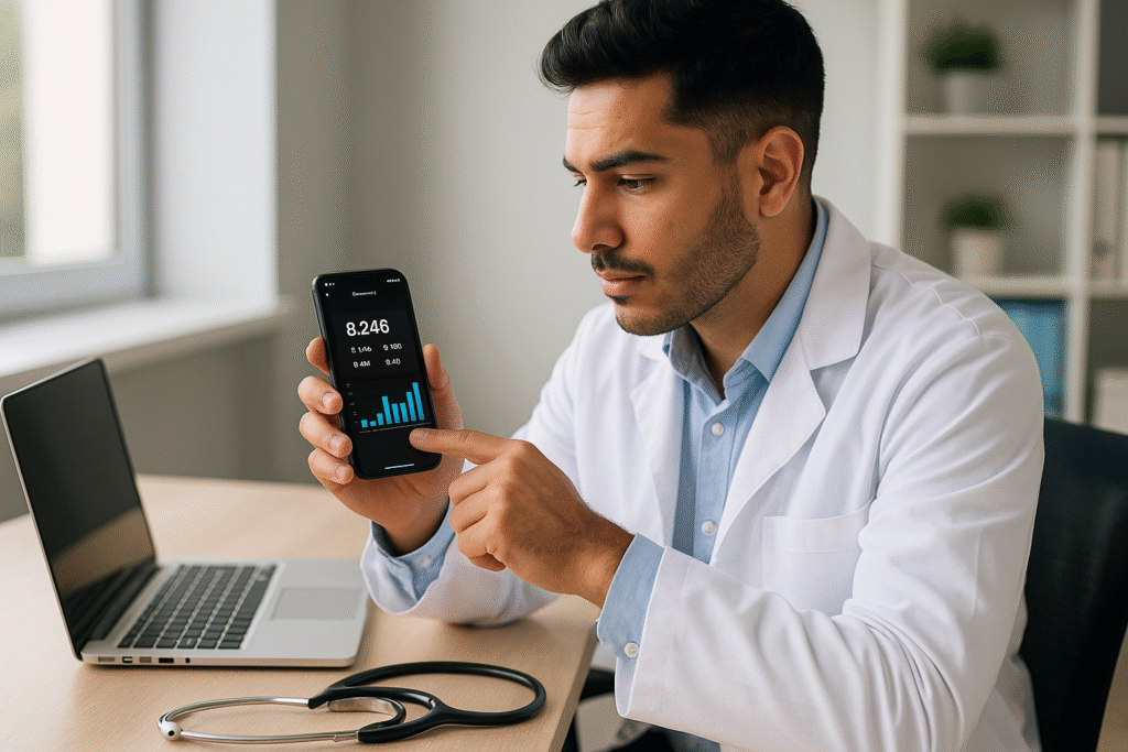 Médico aponta para gráfico de dados no celular, com notebook e estetoscópio sobre a mesa