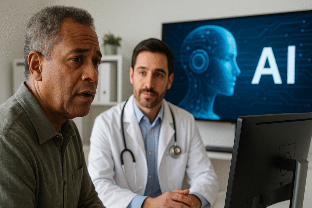 Médico conversa com paciente idoso em frente a monitor exibindo ilustração de inteligência artificial (IA)