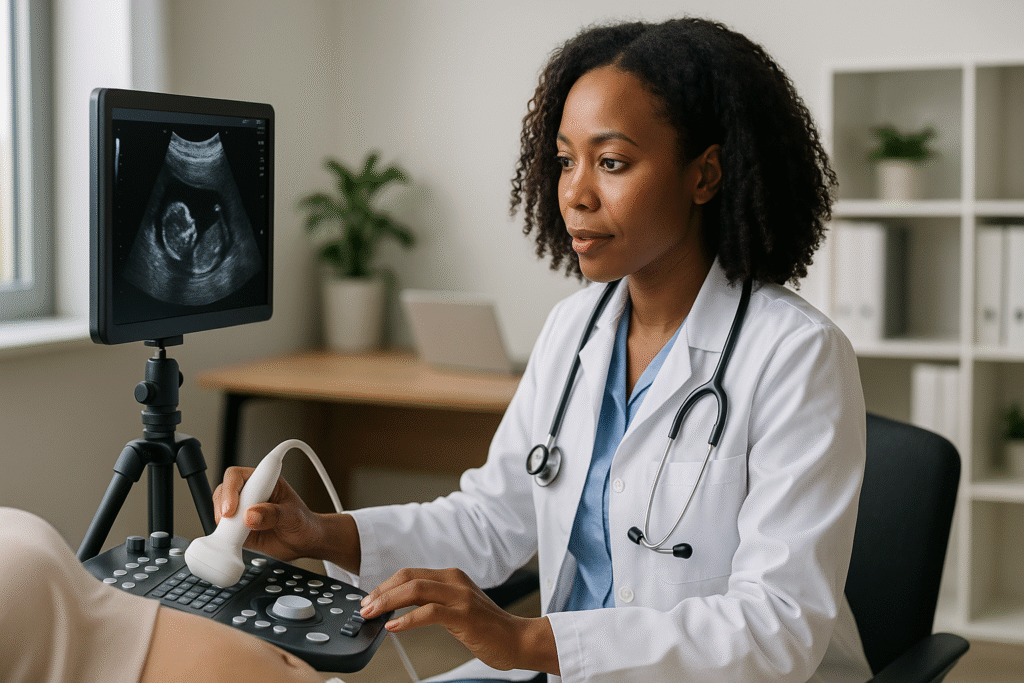 Médica realiza ultrassom obstétrico em paciente, com imagem do exame exibida em monitor