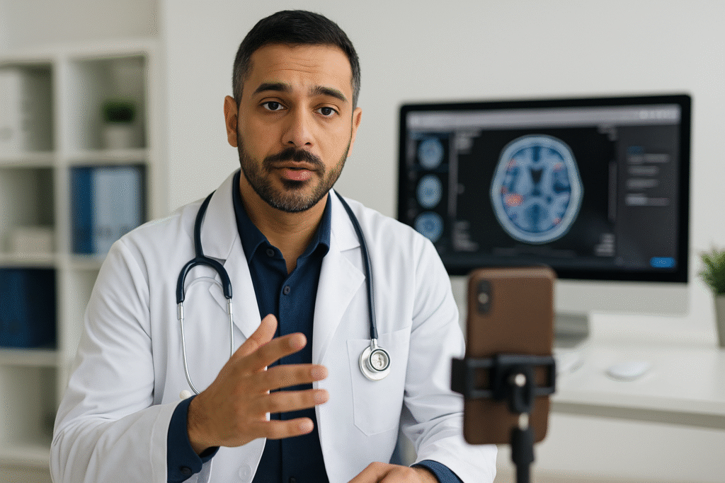 Médico fala para celular em tripé, com imagem de ressonância cerebral exibida em monitor ao fundo