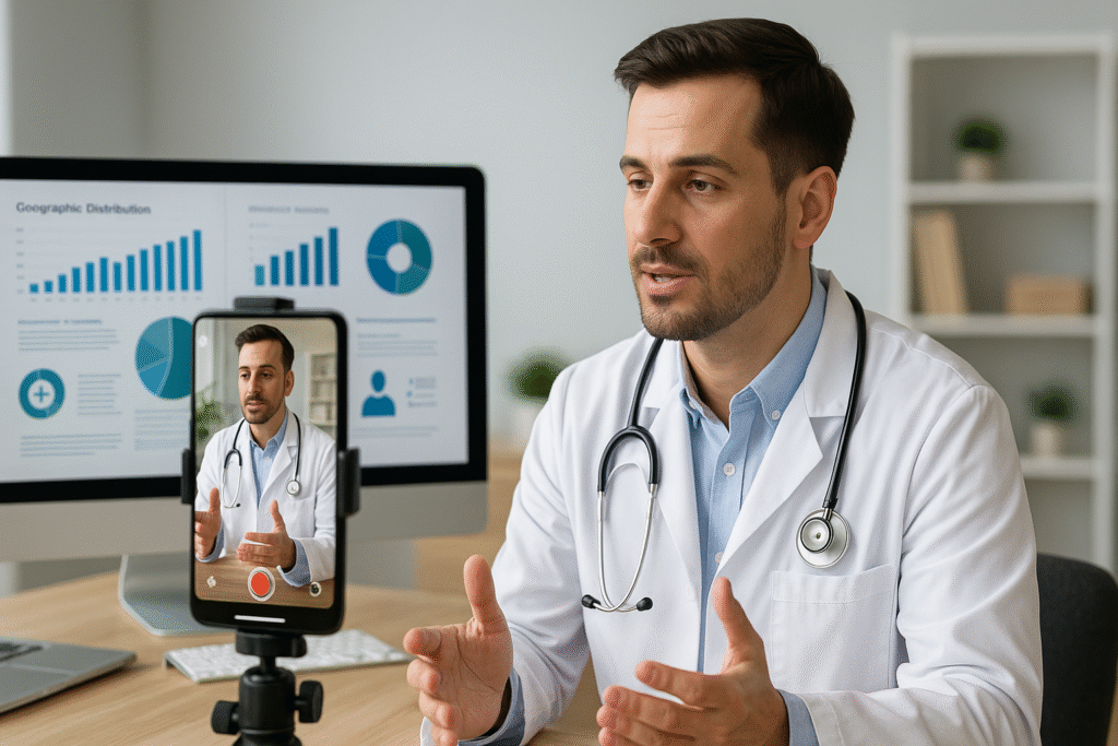 Médico grava vídeo com celular em tripé enquanto apresenta gráficos de distribuição geográfica em monitor