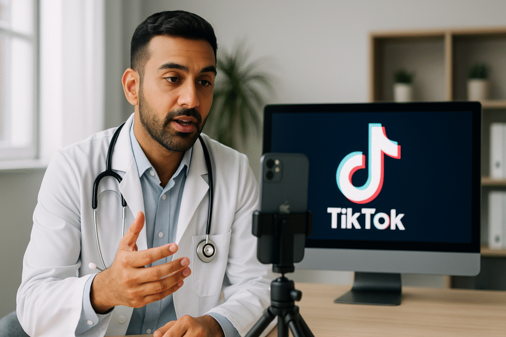 Médico grava vídeo com celular em tripé, com o logo do TikTok exibido em monitor ao fundo