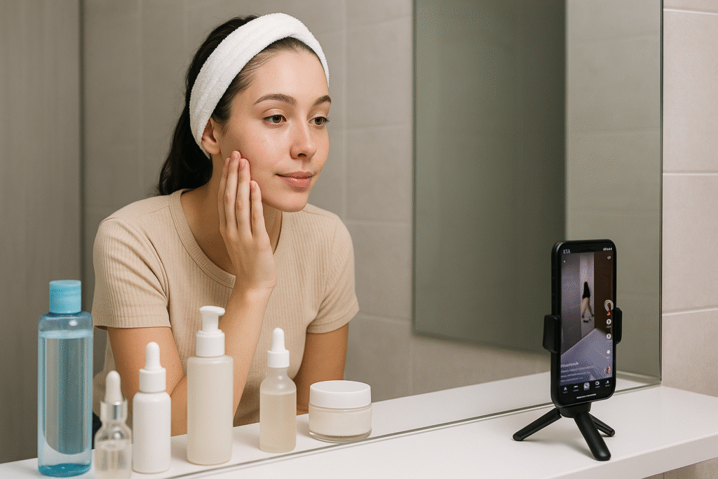 Mulher com bandana passa produto de skincare no rosto em frente ao espelho, com celular em tripé gravando e frascos de cosméticos na pia
