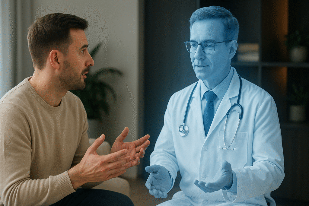 Homem conversa com holograma azul de um médico