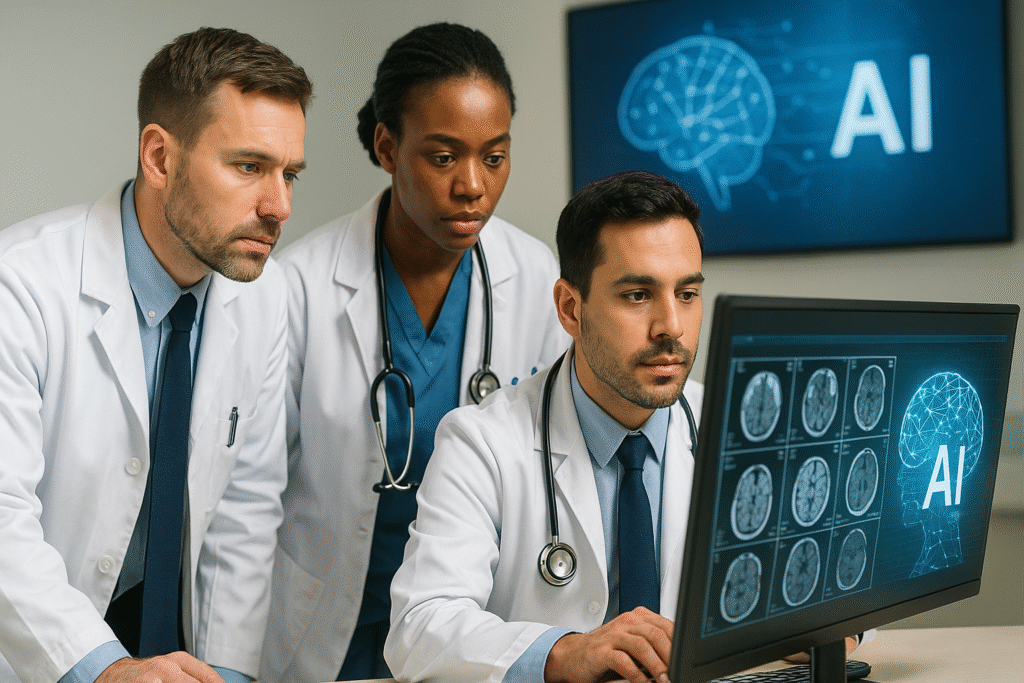 Três médicos analisam exames de ressonância cerebral com apoio de IA em monitor