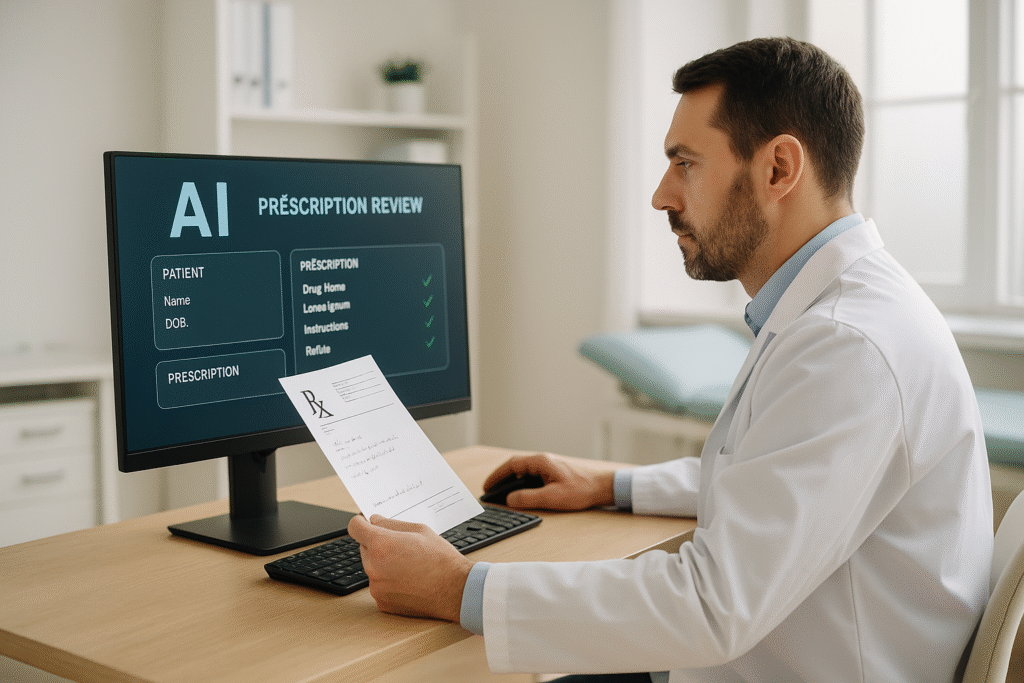 Médico segura receita médica em frente a monitor exibindo sistema de revisão de prescrição por IA