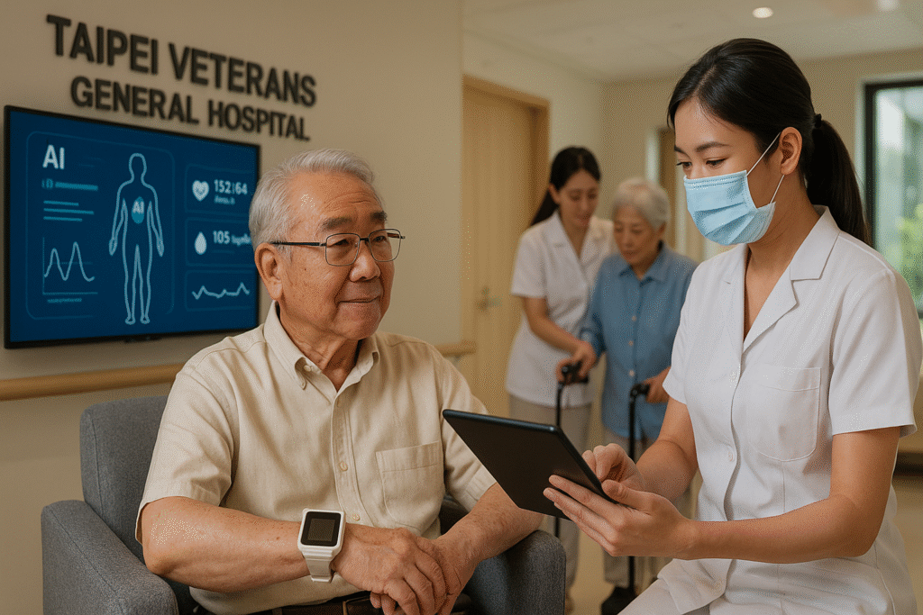 Idoso com smartwatch conversa com enfermeira segurando tablet, com painel de sinais vitais por IA na parede do Taipei Veterans General Hospital