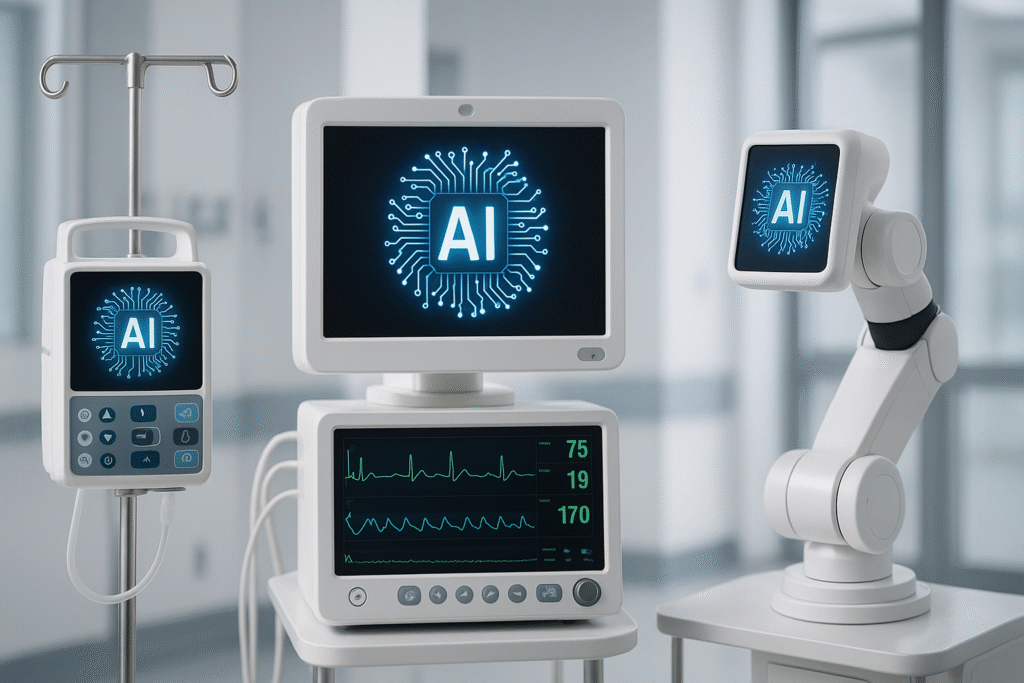 Equipamentos hospitalares com telas exibindo o ícone de IA, incluindo monitor de sinais vitais e braço robótico