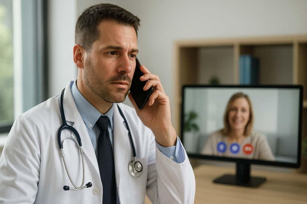 Médico fala ao telefone enquanto paciente aguarda em videochamada na tela ao fundo