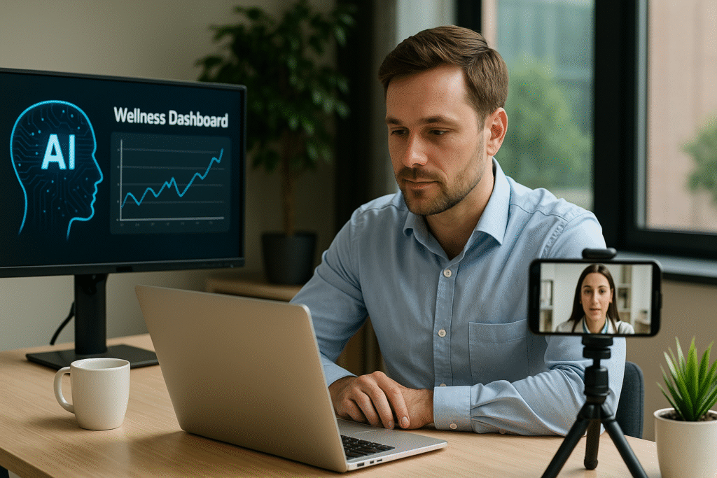 Homem em videochamada com médica no celular, com painel de bem-estar por IA exibido em monitor ao fundo