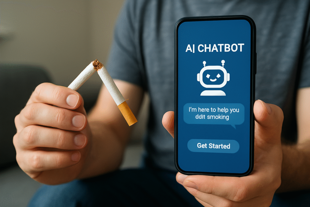 Homem quebra um cigarro ao lado de celular exibindo chatbot de IA para parar de fumar