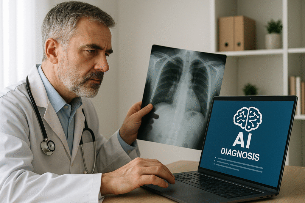 Médico compara radiografia de tórax física com diagnóstico gerado por IA em notebook