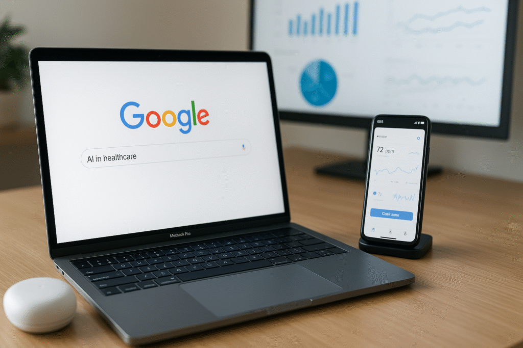 Notebook com busca no Google por 'AI in healthcare', celular exibindo dados de frequência cardíaca e monitor com gráficos ao fundo