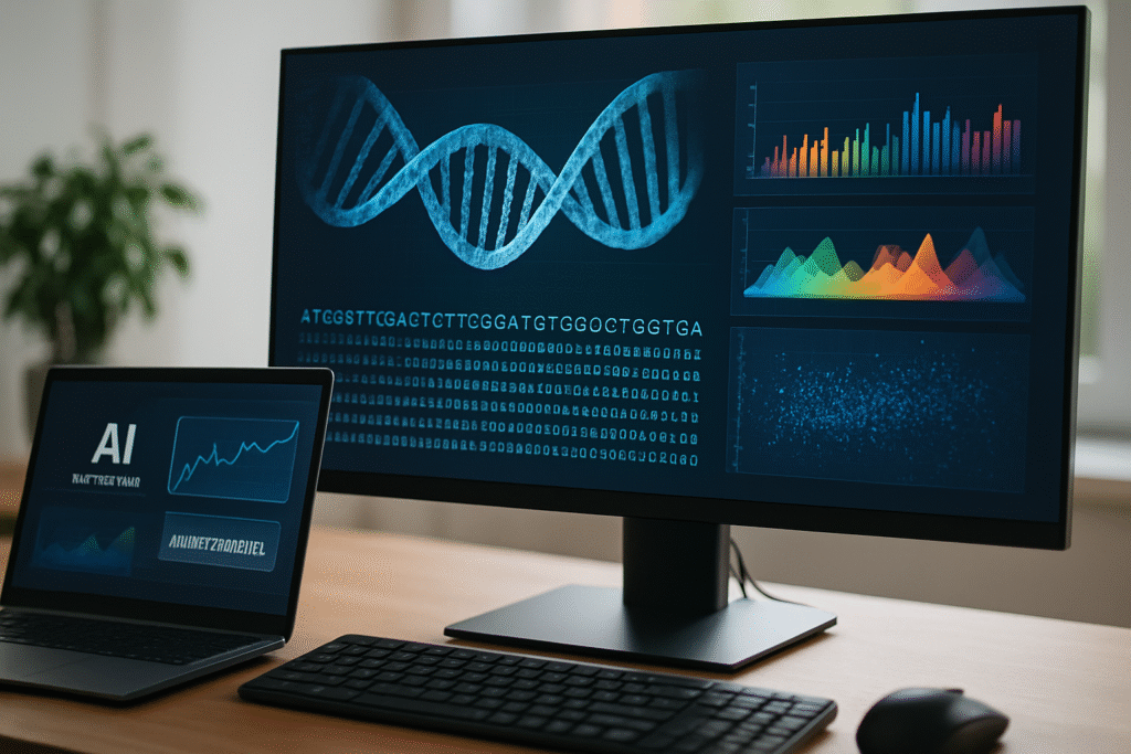 Monitor exibe dupla-hélice de DNA e sequência genética ao lado de gráficos coloridos de análise, com notebook mostrando painel de IA