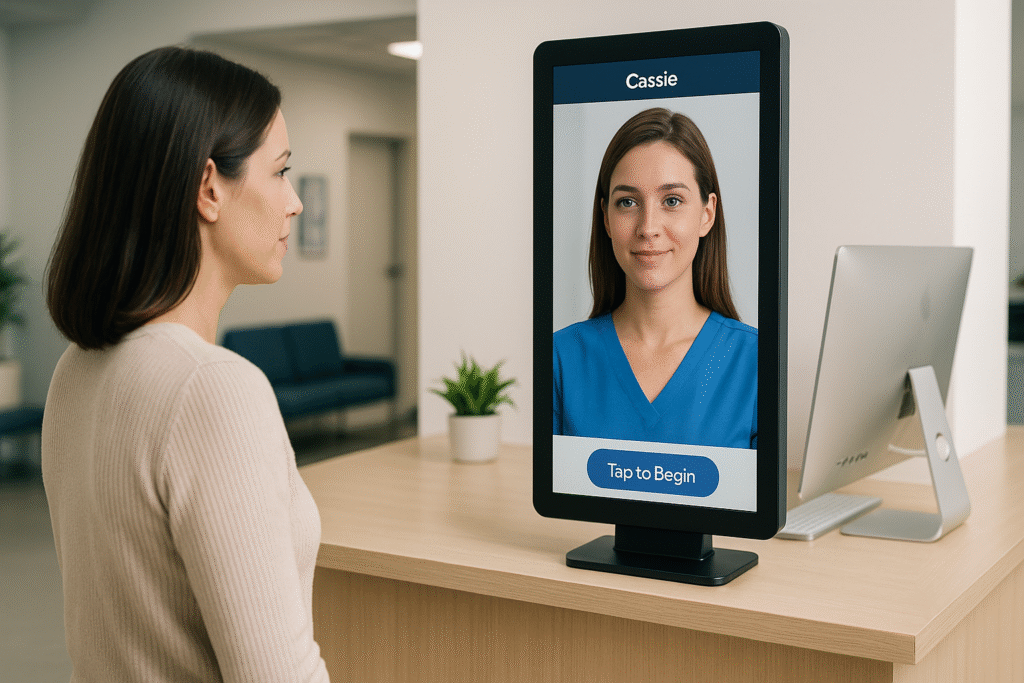 Mulher observa totem de recepção com assistente virtual chamado Cassie exibindo o botão 'Tap to Begin'