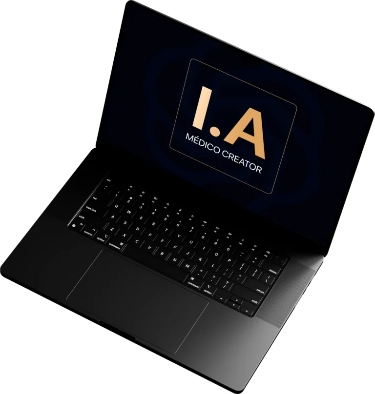 Notebook exibindo a tela 'I.A Médico Creator' em fundo azul-marinho com detalhes dourados