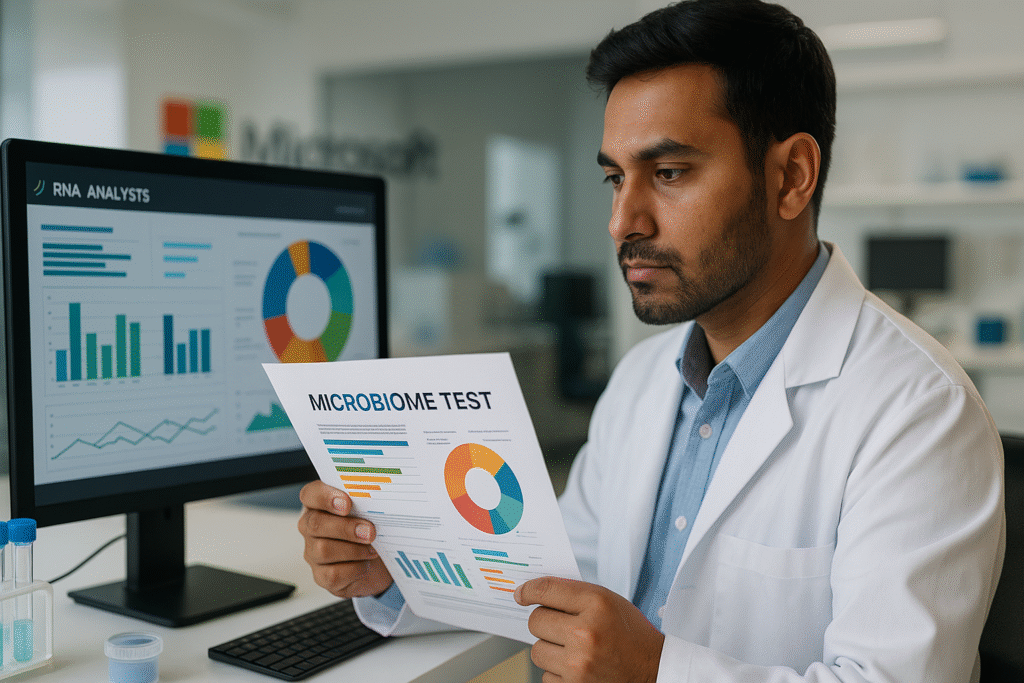 Médico segura relatório de teste de microbioma em frente a monitor com gráficos de análise de RNA